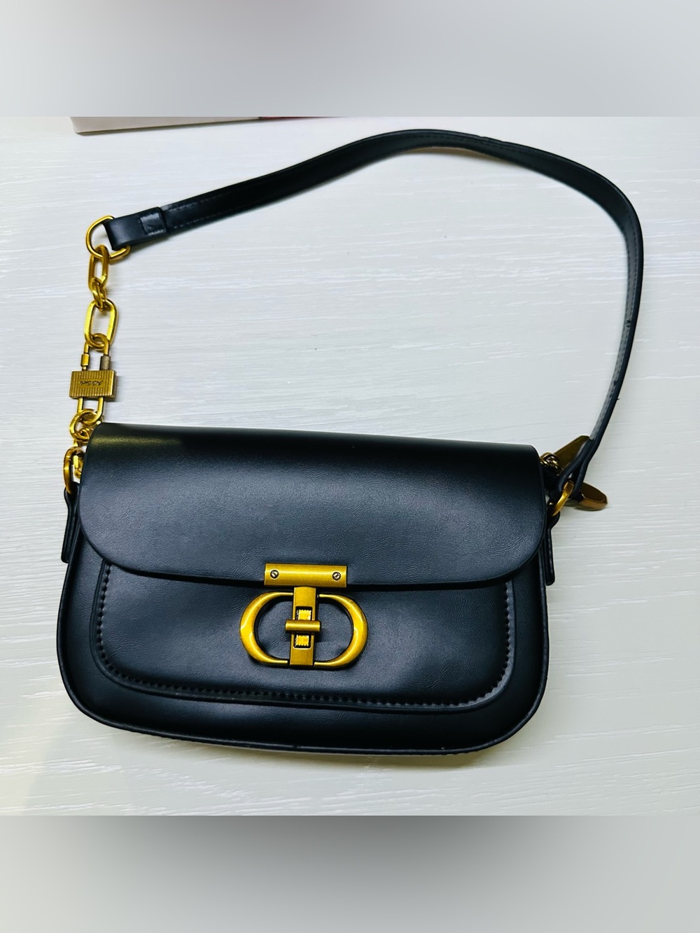 Black PU Leather Shoulder Bag with Gold Hardware